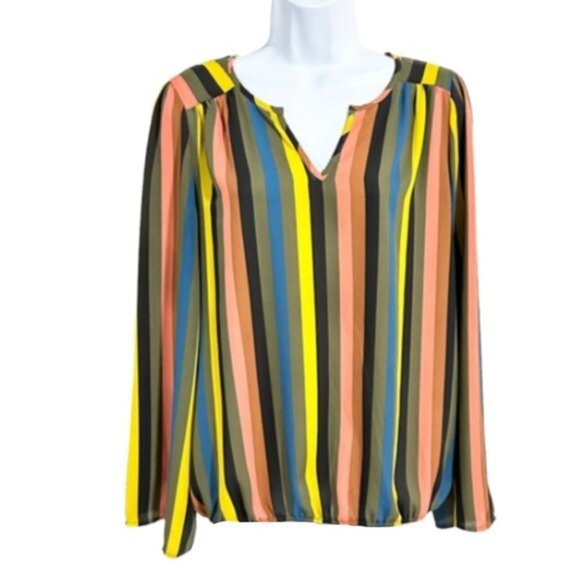 Allison Joy Multicolor Striped Long Sleeve Split V-Neck Blouse Top Size M - Picture 3 of 10
